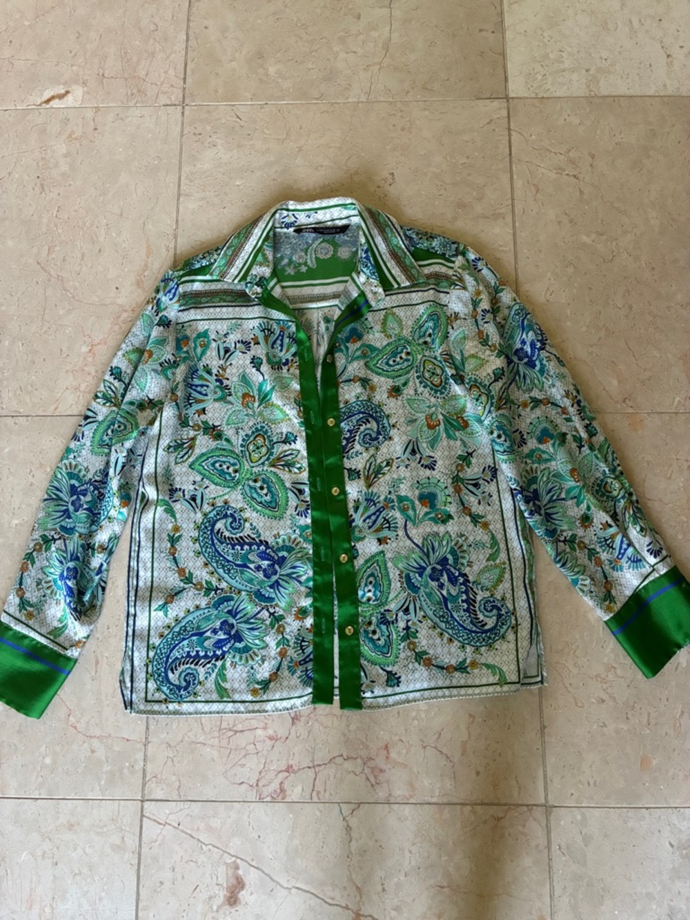 Zara Green and White Paisley Satin-Trim Blouse